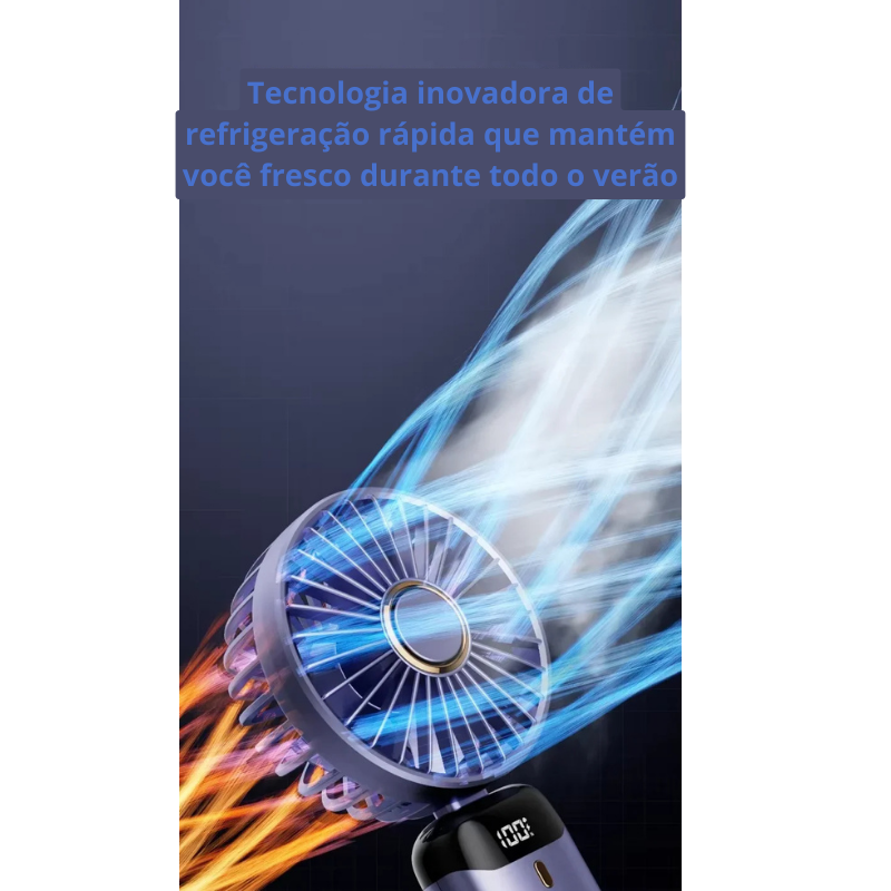 Mini Ventilador Portátil Dobrável de Pescoço – 5 Velocidades, USB Recarregável, Suporte para Celular e Tela Display (1800mAh)