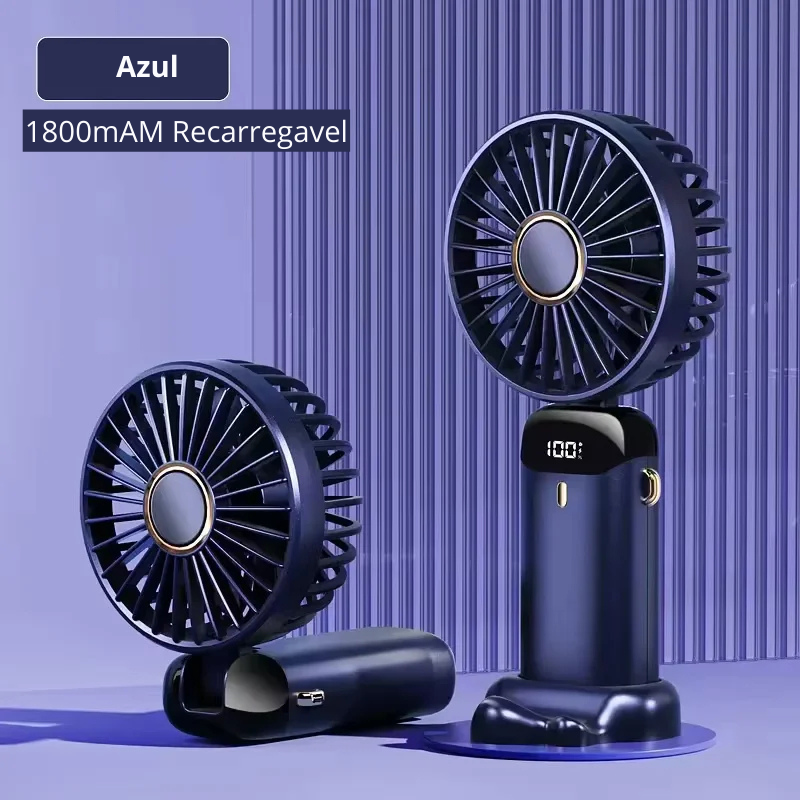 Mini Ventilador Portátil Dobrável de Pescoço – 5 Velocidades, USB Recarregável, Suporte para Celular e Tela Display (1800mAh)