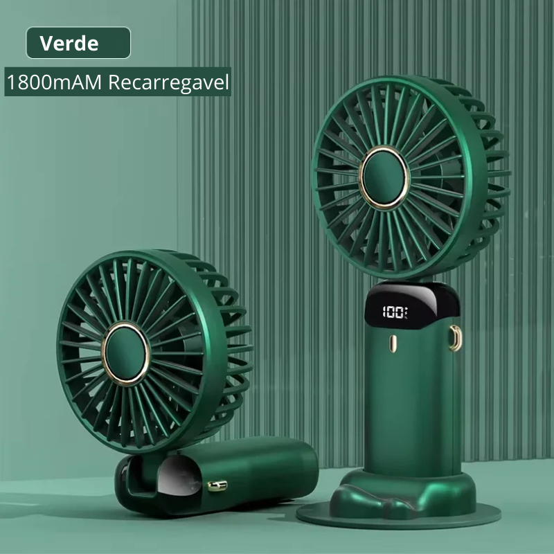 Mini Ventilador Portátil Dobrável de Pescoço – 5 Velocidades, USB Recarregável, Suporte para Celular e Tela Display (1800mAh)