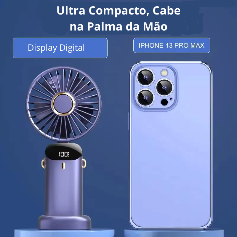 Mini Ventilador Portátil Dobrável de Pescoço – 5 Velocidades, USB Recarregável, Suporte para Celular e Tela Display (1800mAh)