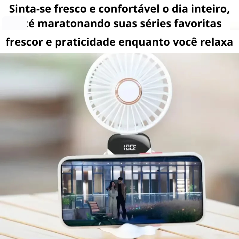 Mini Ventilador Portátil Dobrável de Pescoço – 5 Velocidades, USB Recarregável, Suporte para Celular e Tela Display (1800mAh)